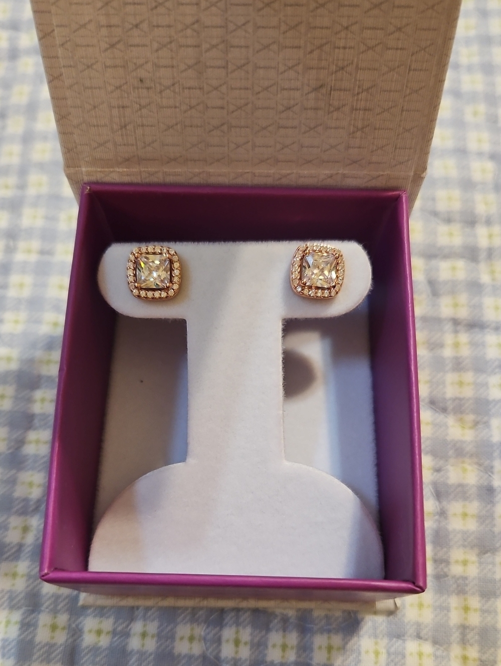 Rose Gold Square Halo Stud Earrings with Sparkling Center